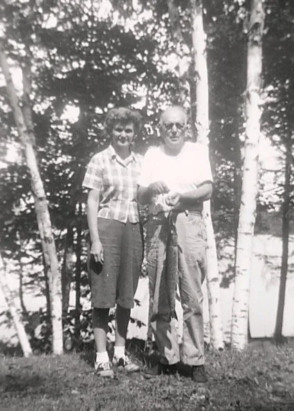 Irving with Lyla and a northern pike, at Birch Lake, MN, abt 1955