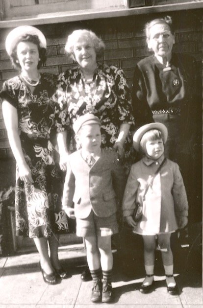 Libby with her grandchildren Alice and Len, Mildred (her daughter) and her sister Dora, 18 Apr 1948