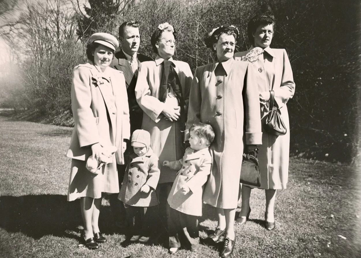 Hardy cousins: Aunt Bertelle (Ethel's sister, 2nd from right), Natalie (Bertelle's daughter) & John Chandler (back left), others ?, 1940s