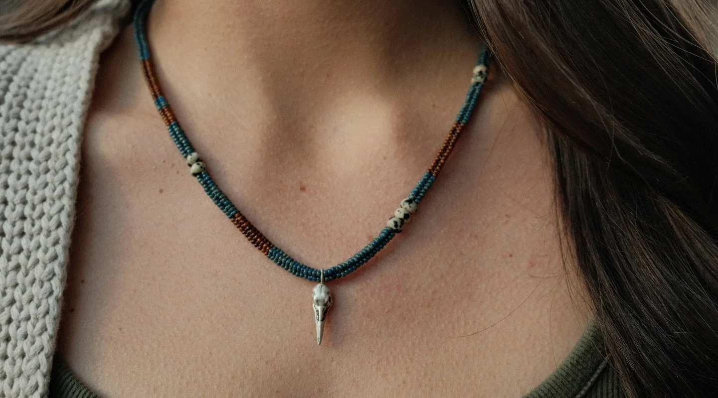 the last piece (for now!) from my collaboration with @marymaccreative. Mary sand casted the raven skull pendant (!!!!) and I wove the necklace using dalmatian stone and glass seed beads. this necklace will be available tonight with me at the @craftla