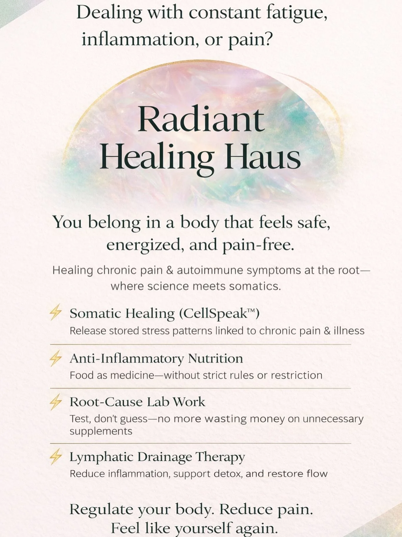 Dealing with constant fatigue, inflammation, or chronic pain?

It&rsquo;s not random and it&rsquo;s not something you just have to &ldquo;live with.&rdquo;

Your body is communicating through symptoms like:
&bull; low energy
&bull; flare-ups
&bull; b