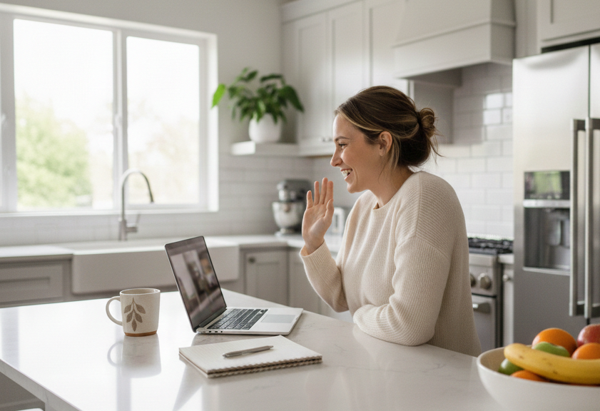 Woman interacting with a video call on her laptop in a bright, modern kitchen with white cabinets, a large window, and a bowl of fruit on the counter.