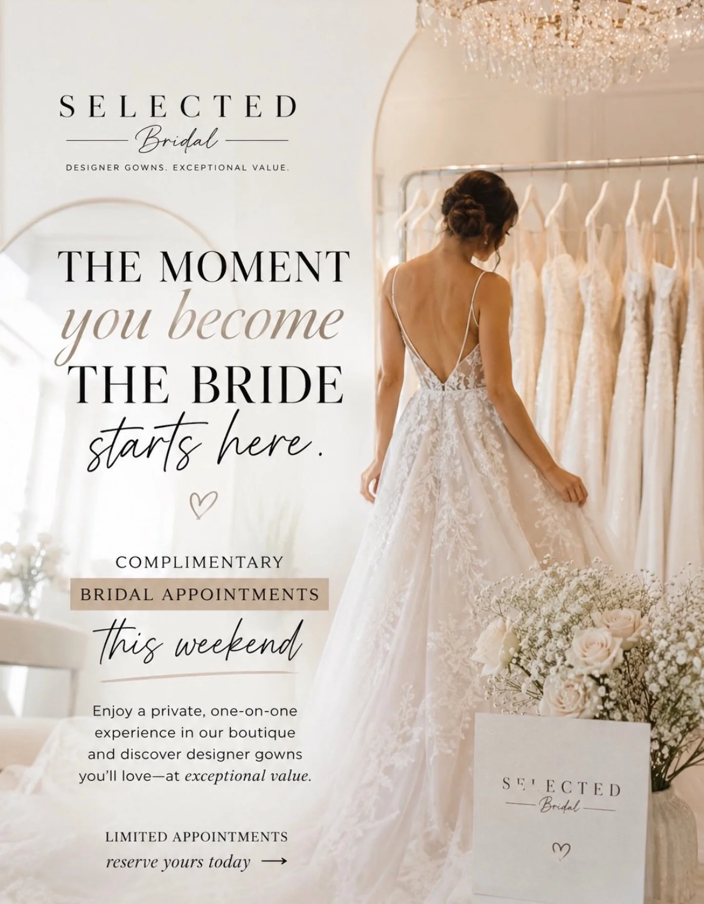 A little reminder for the brides who keep saying they&rsquo;ll start dress shopping &ldquo;soon.&rdquo; 🤍

This weekend is as good a weekend as any.

Bring your mom. Bring your sister. Bring the friend whose opinion you&rsquo;ll trust more than your