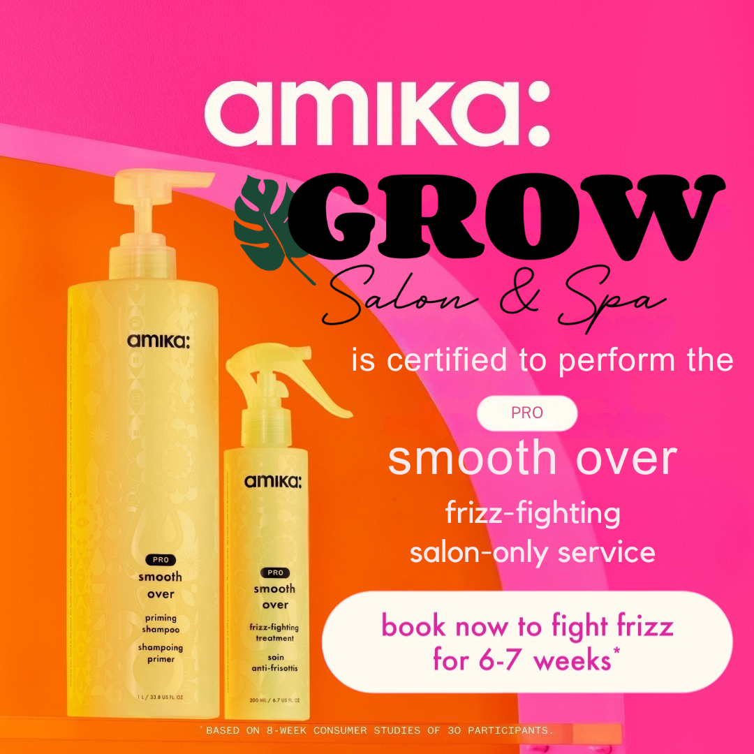 Amika Smooth Over smoothing treatment products used to reduce frizz and improve hair texture at GROW Salon & Spa in Kansas City