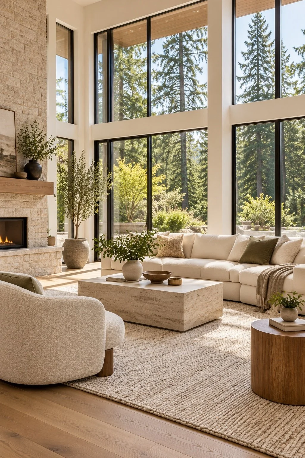 AI-generated staging inspiration: a sunlit Pacific Northwest living room with forest-facing floor-to-ceiling windows, ivory seating, warm oak floors and natural stone finishes.