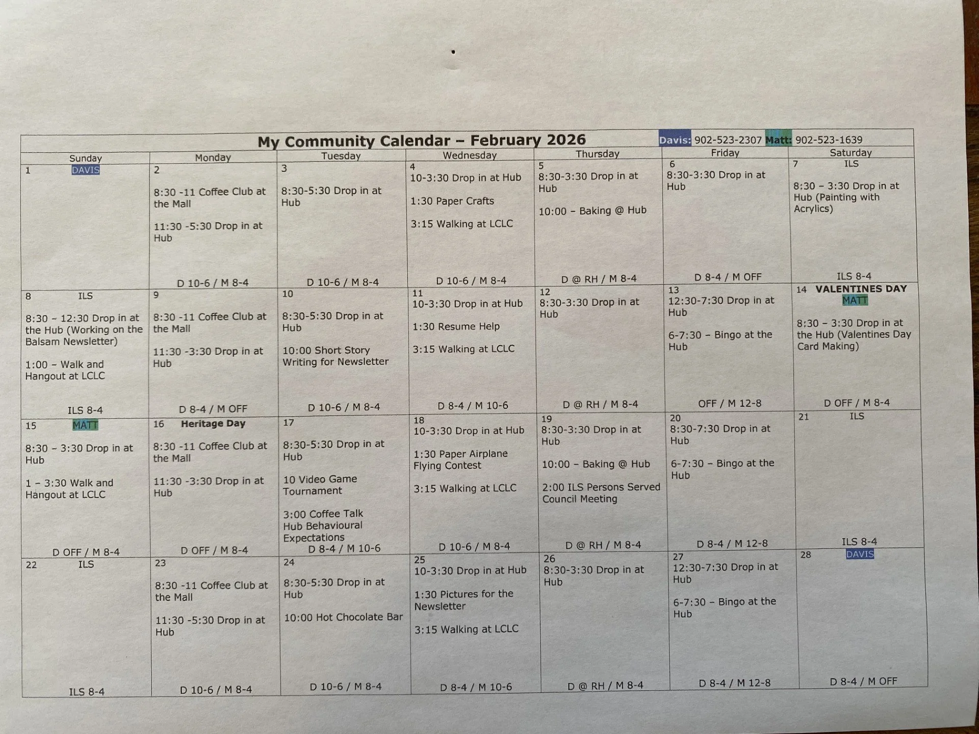 My Community February Calendar