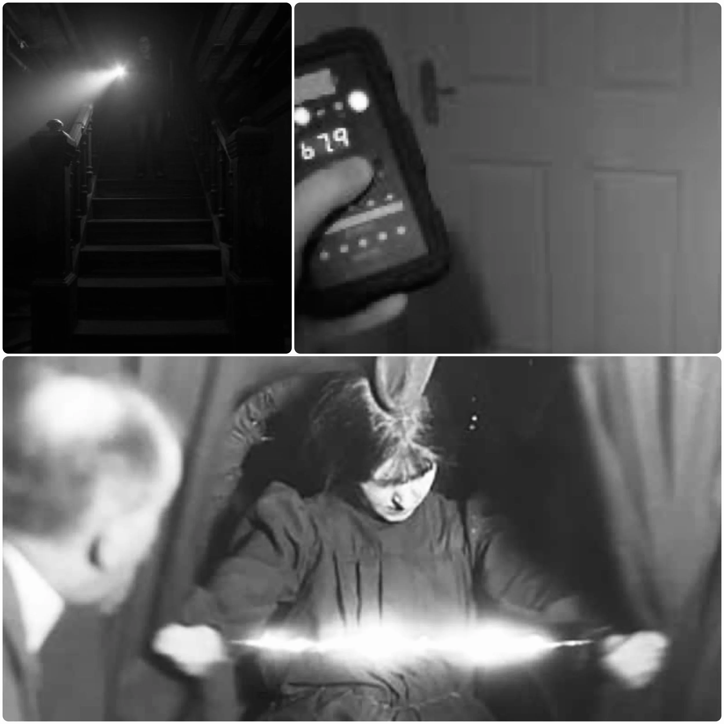 A person holding a remote control with numbers, standing in a dark room, with a staircase in the background, and a dog sitting in the foreground.