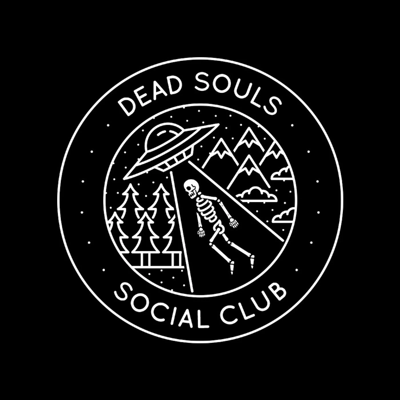 A circular logo with the words 'Dead Souls Social Club' around the perimeter. Inside, a skeleton with a UFO above, mountains, trees, and clouds in a line art style.