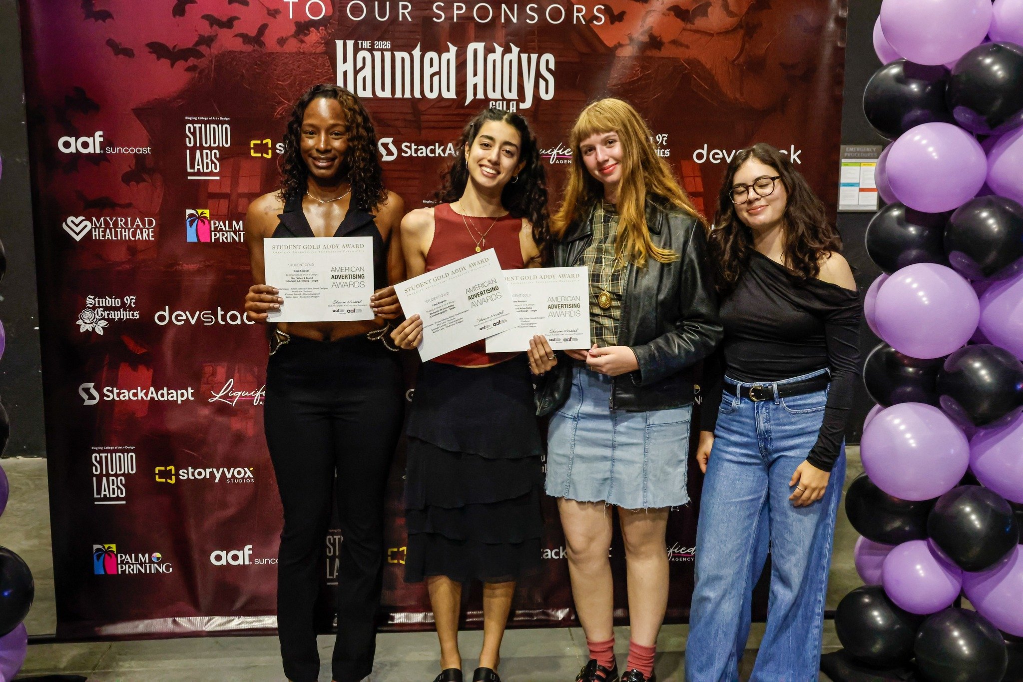 Orya Larie, Nadia Grasso, Kaitlyn Carey, Kennedy Carruth at the AAF SUNCOAST Haunted Addys taking home gold for Casa Bosques.