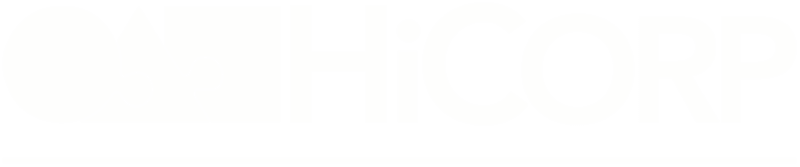 HiCORP logo in black and white with stylized design elements.