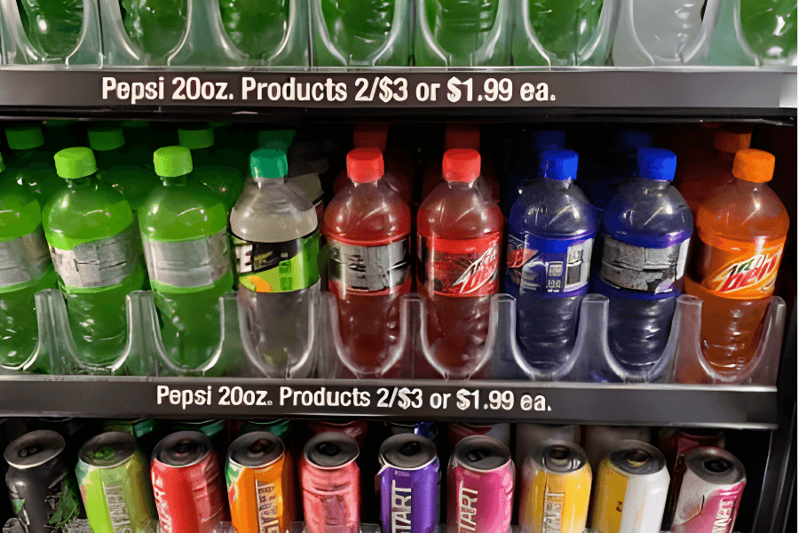 A grocery store shelf displaying various 20-ounce Pepsi bottles, including lime, cherry, regular, and Mountain Dew flavors, with signs indicating two for three dollars or 99 cents each.