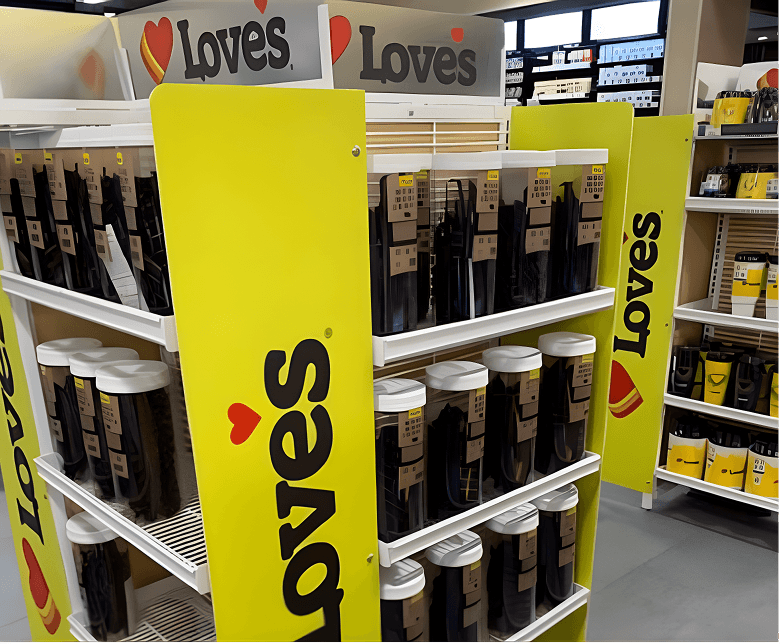 Loves brand water bottles and apparel display in a retail store with bright yellow signage.