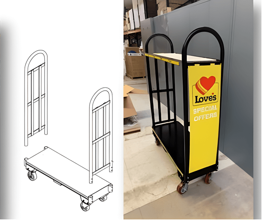 Side-by-side comparison of a line drawing and a real-life assembly of a black and yellow shopping cart with a Loves logo and a heart graphic.