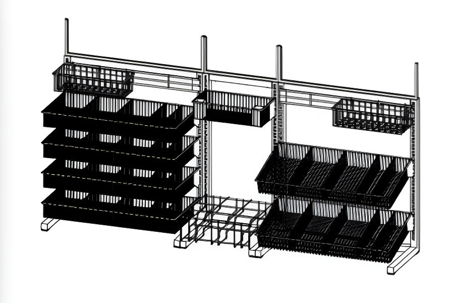 Black wire storage racks with multiple compartments and baskets on a metal frame.