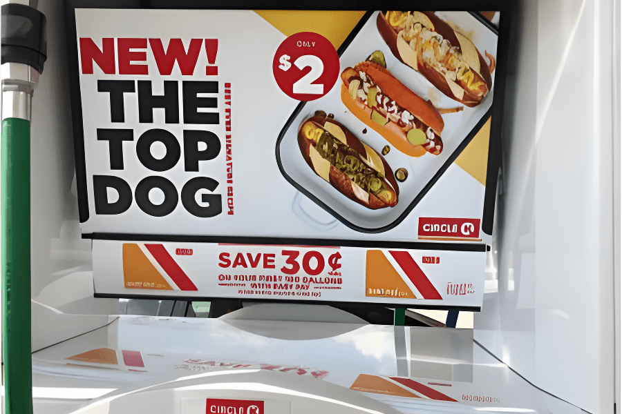 Sign advertising a new hot dog product called 'The Top Dog' for $2, with images of three hot dogs with toppings, and a promotion to save 30 cents.
