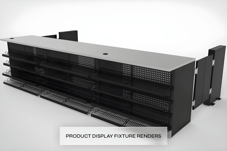 rendered empty retail store display fixture with adjustable black metal shelves and wire racks.