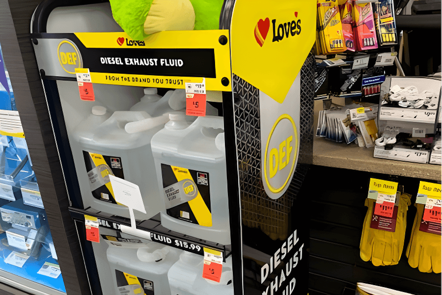 Display of diesel exhaust fluid containers with yellow and black labels, at a store, with various other products and gloves nearby.