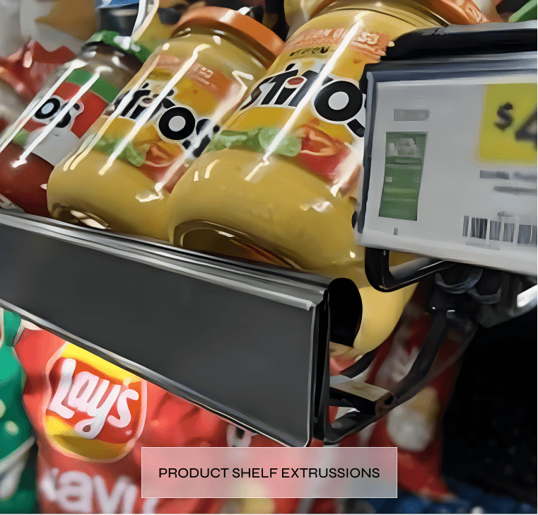 A grocery store shelf displaying jars of flavored dip or spread, with a price tag showing $4.99, and a label indicating it is a product shelf extrusion.