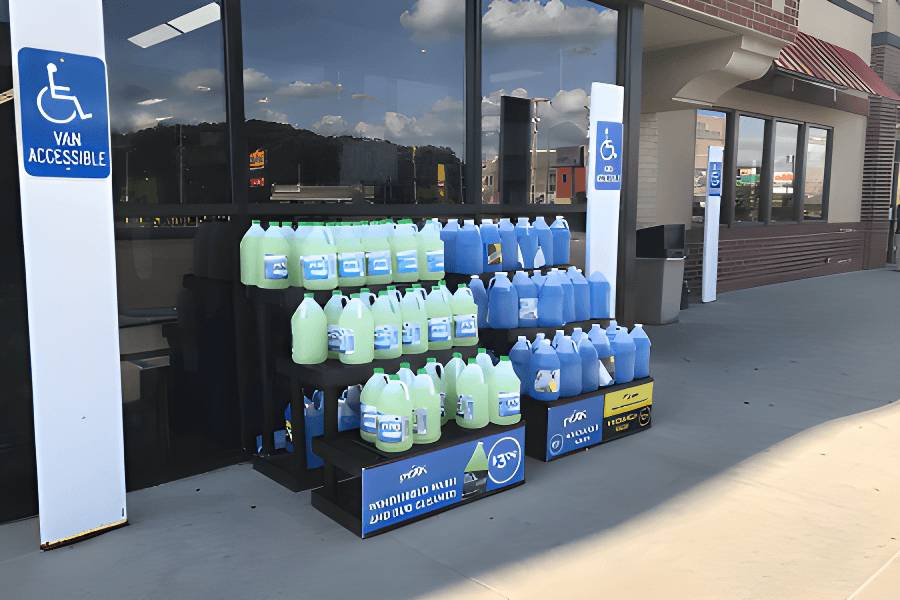 Outdoor display of cleaning supplies, including large bottles of liquid cleaner in green and blue, outside a retail store with wheelchair accessible signage.