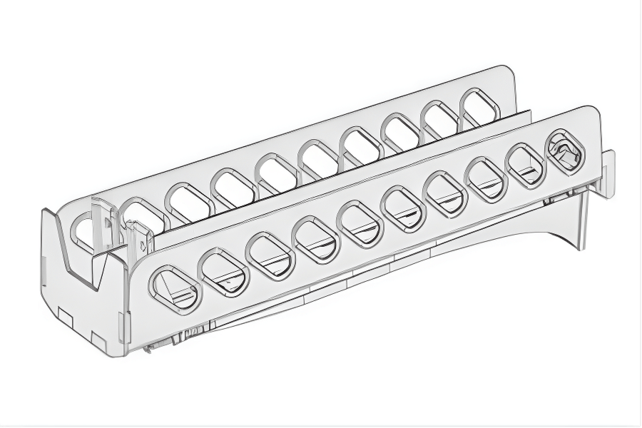 A 3D rendering of a plastic rack with multiple oval-shaped slots, likely for organizing or holding items.