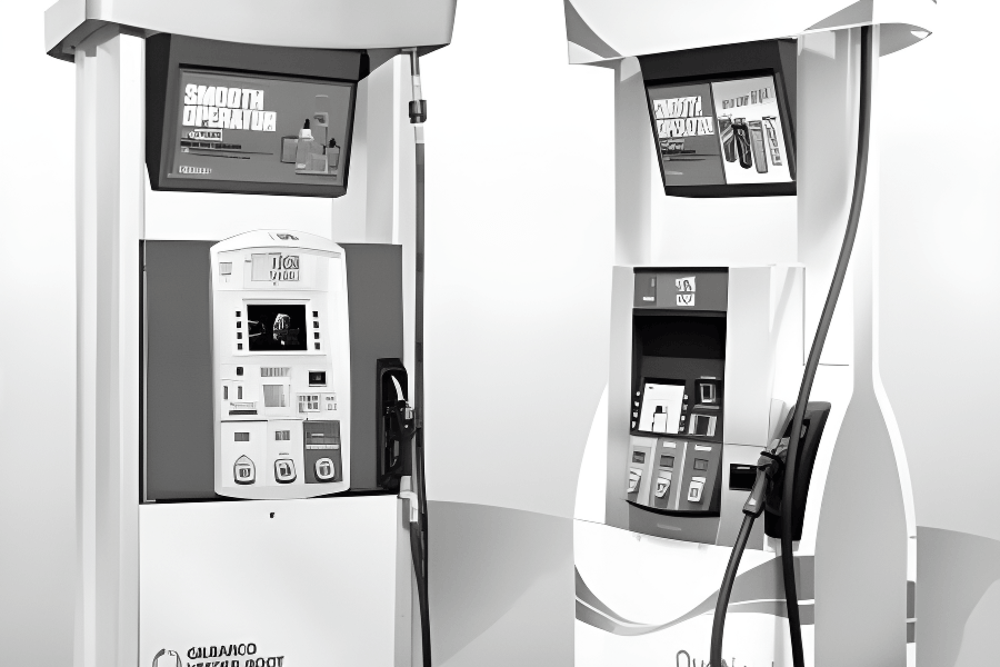 Two gas pumps with digital displays and payment terminals against a white background.