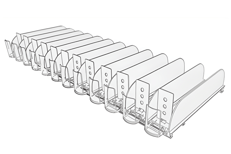 Line of airplane seats with clear dividers and footrests.