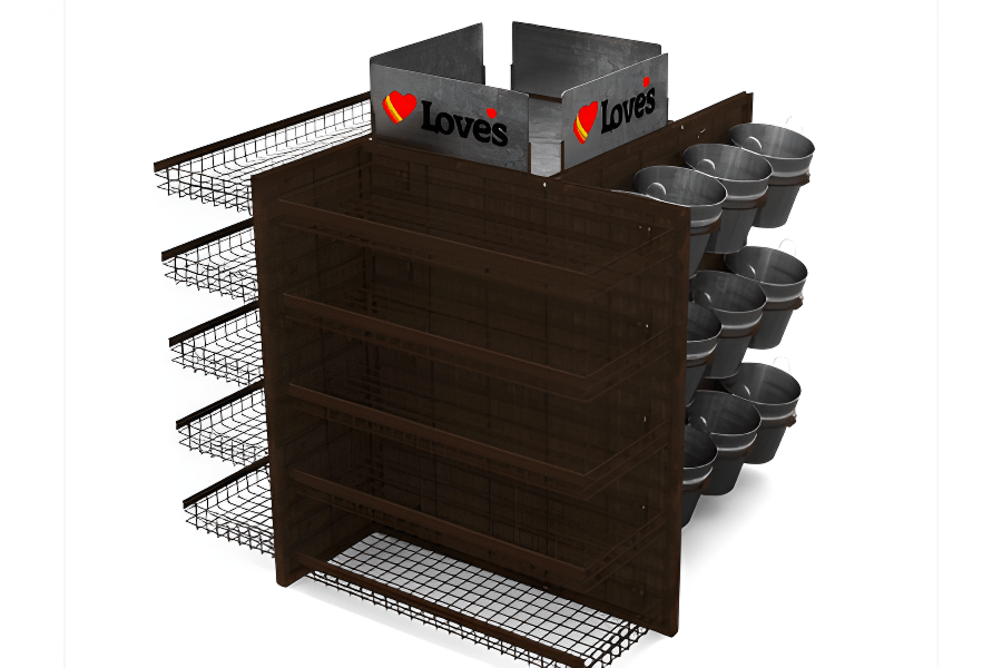 Empty retail display shelf with wire baskets, wooden shelves, and metal buckets at a Love's convenience store.