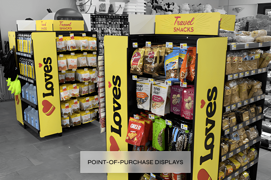 Point-of-purchase display for travel snacks in a store, with shelves stocked with various bags of chips and snack items, featuring yellow signage with red and black accents.