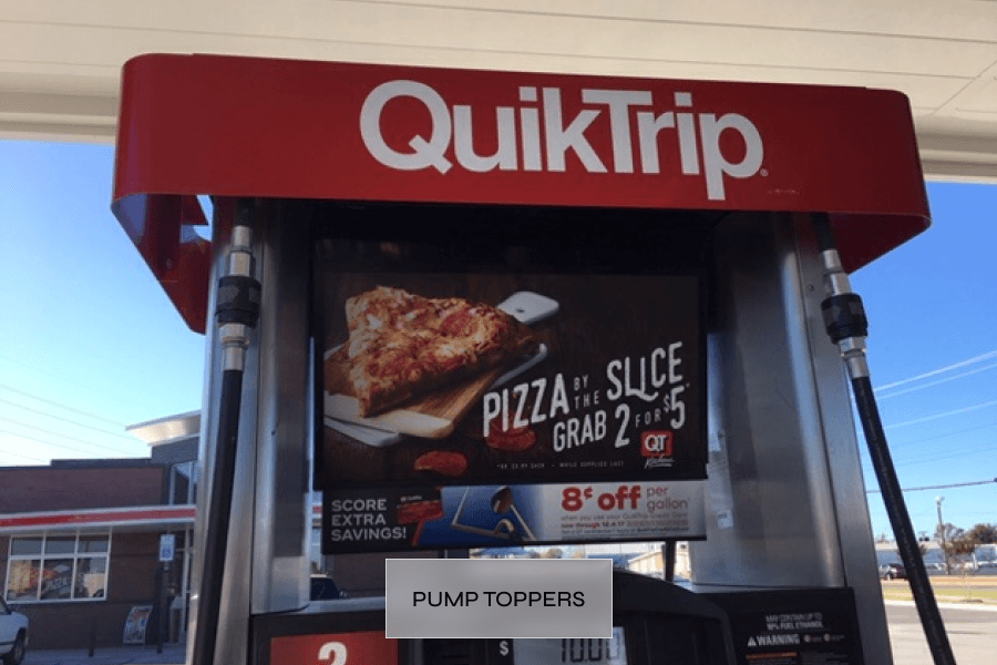 A QuikTrip gas station pump with an advertisement for pizza, offering a deal to grab two slices for five dollars, and a promotion for eight cents off per gallon of fuel.