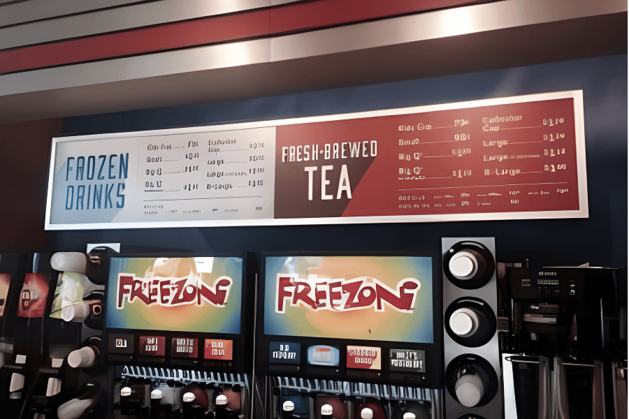 Menu board for frozen drinks and fresh-brewed tea at a beverage counter, featuring a large digital screen with the 'FreezOn' logo.