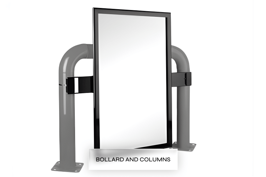A rectangular mirror mounted between two grey bollards with black brackets, and a label below reading 'BOLLARD AND COLUMNS'.