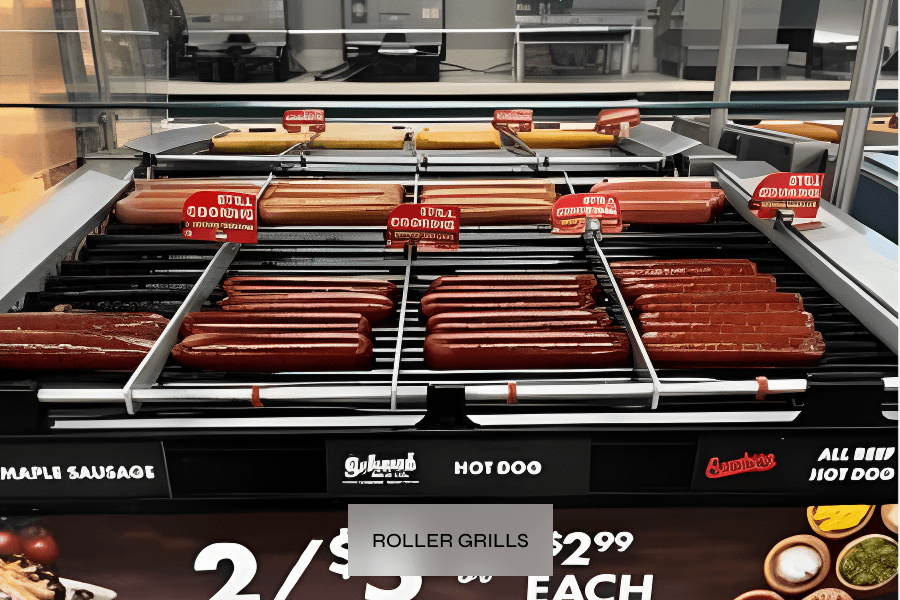 Hot dogs and sausage rollers at a grocery store or deli counter, with various types of sausages displayed on rollers for sale.