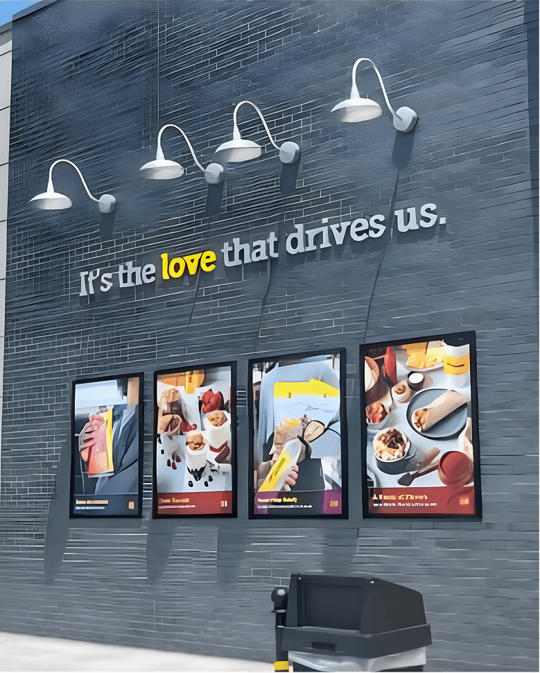 Exterior of a building with four digital menu screens displaying food and drinks. Above, a sign reads, "It's the love that drives us." with the word "love" highlighted in yellow. Three white outdoor lights are mounted above the sign.
