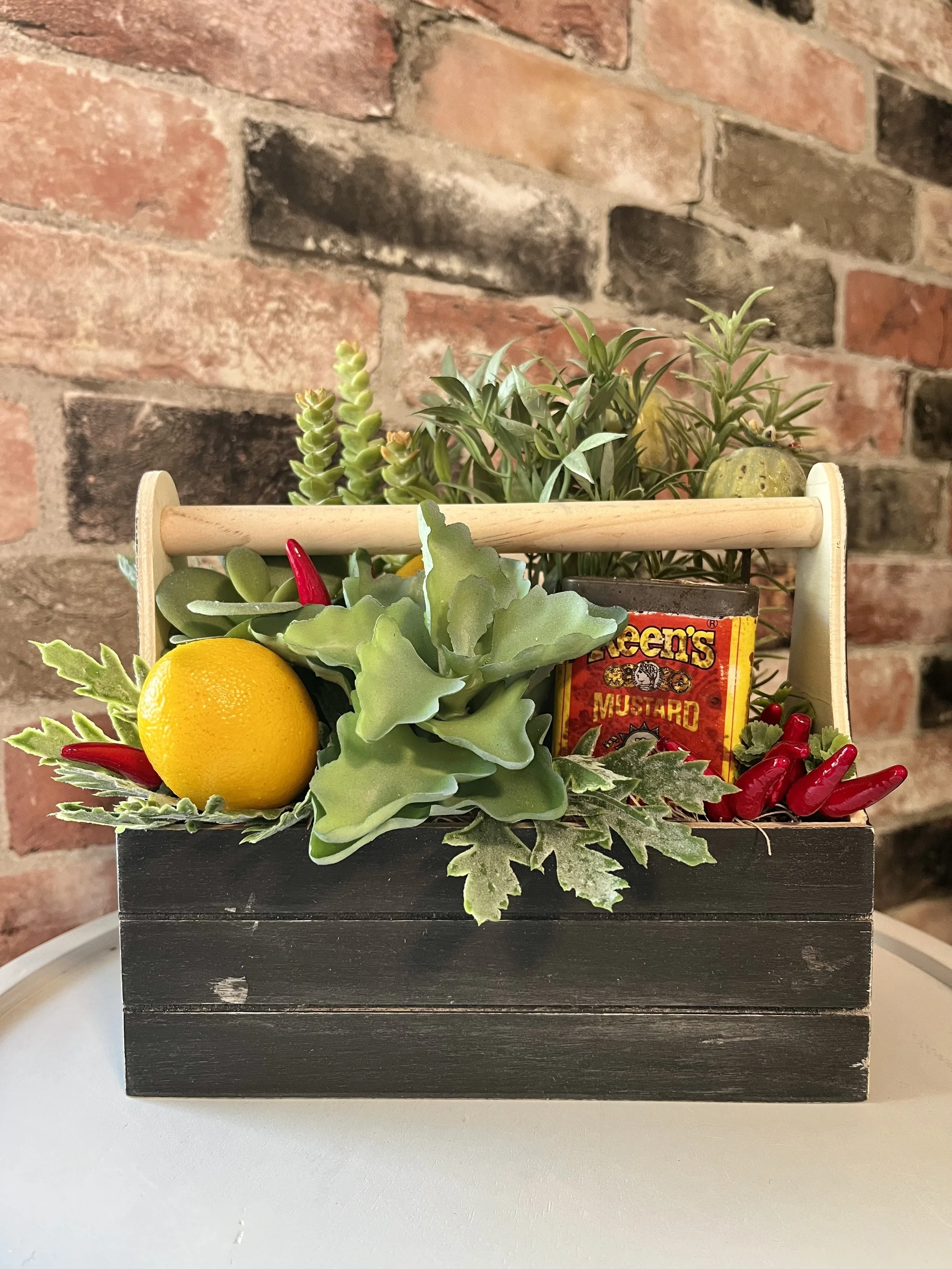 Mini crate with vintage mustard tin