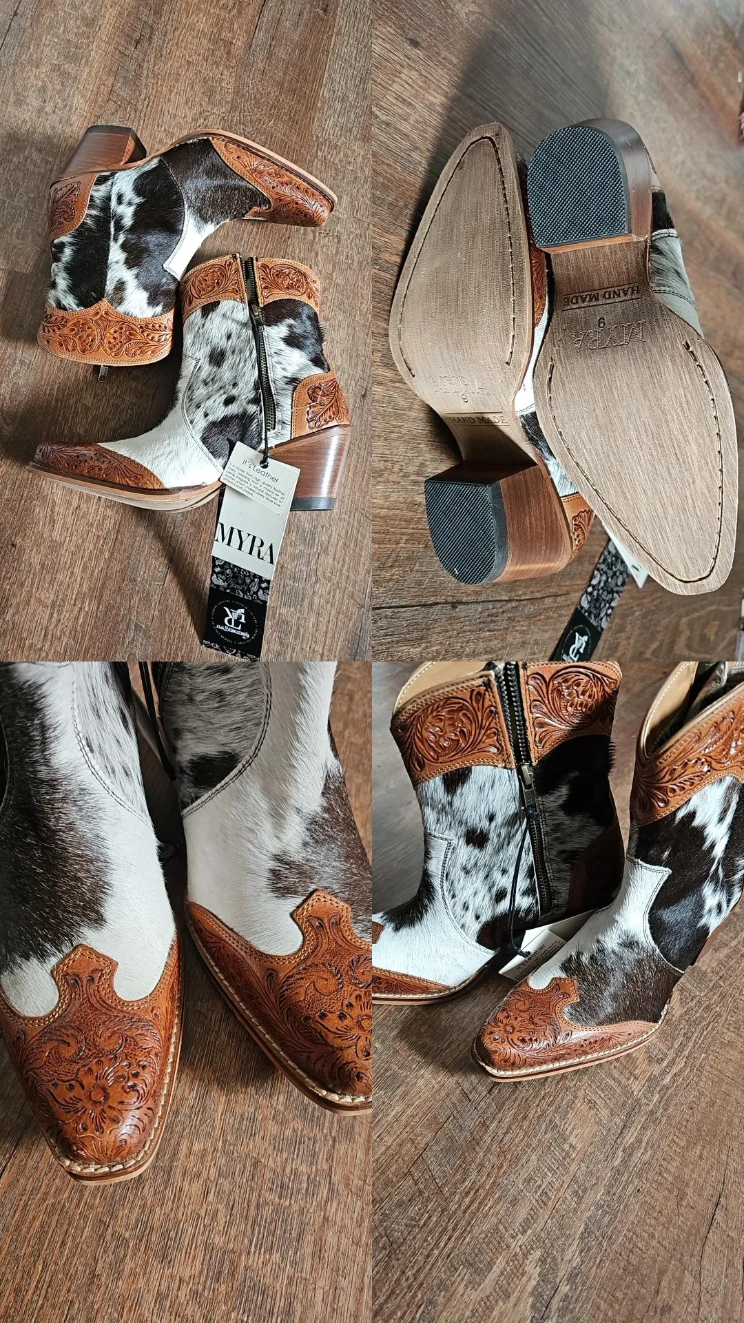 Silverado Hair-on Hide & Hand-tooled Boots- Size 9