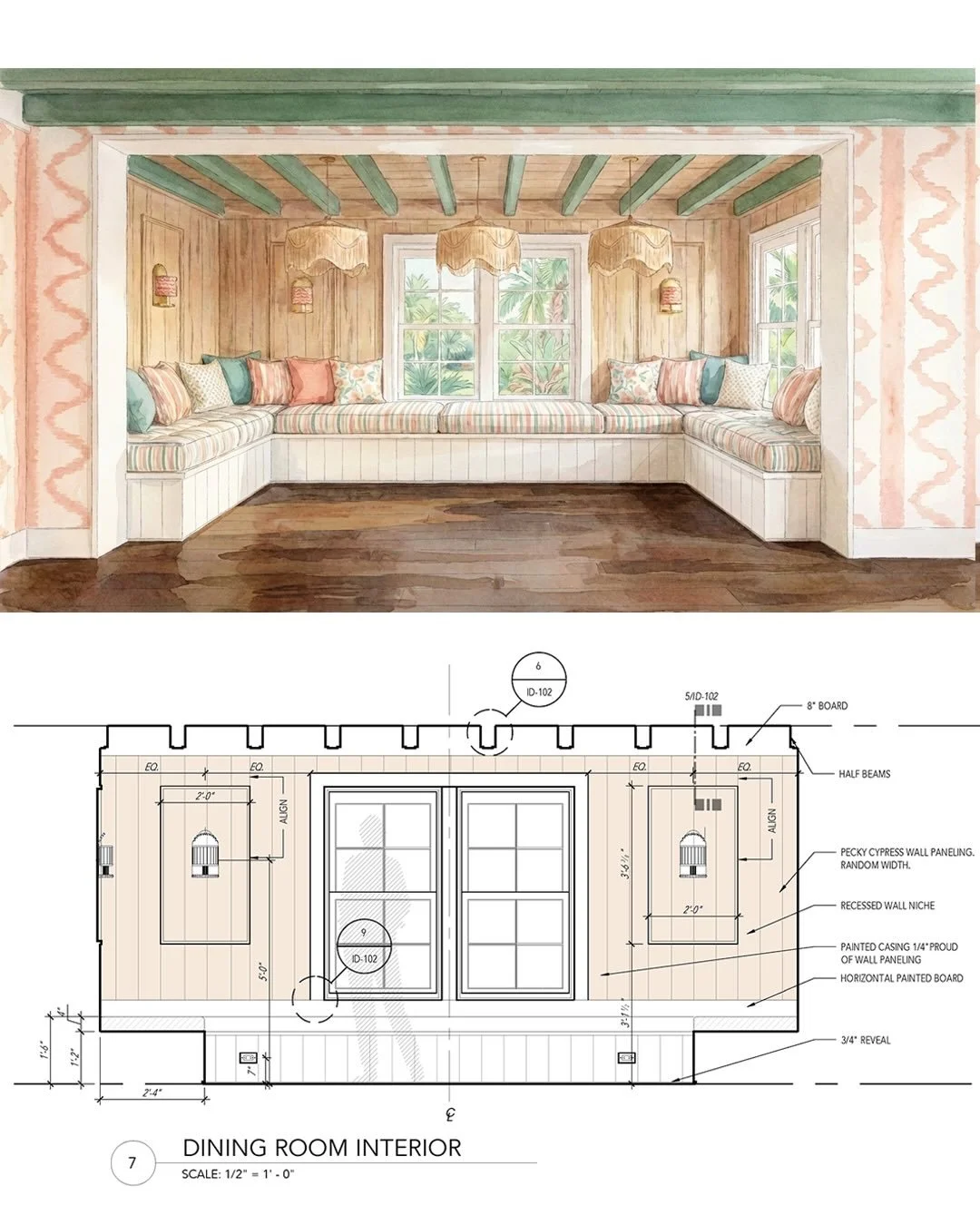 Vintage Florida vibes Atlantic Beach
Ongoing Interior Renovation with a focus on channeling the old Florida vibe with pecky cypress, shiplap, cozy banquette with washed pastel fabrics and finishes curated with @ellenkavanaugh 
Transforming a forgotte