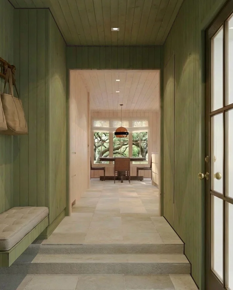 Floating bench over the step welcoming you from the garage. Painted shiplap that can take a beating and a conversion of a strange bathroom location to a butler&rsquo;s pantry were some of the refinements I made when redesigning this St. Simons Island