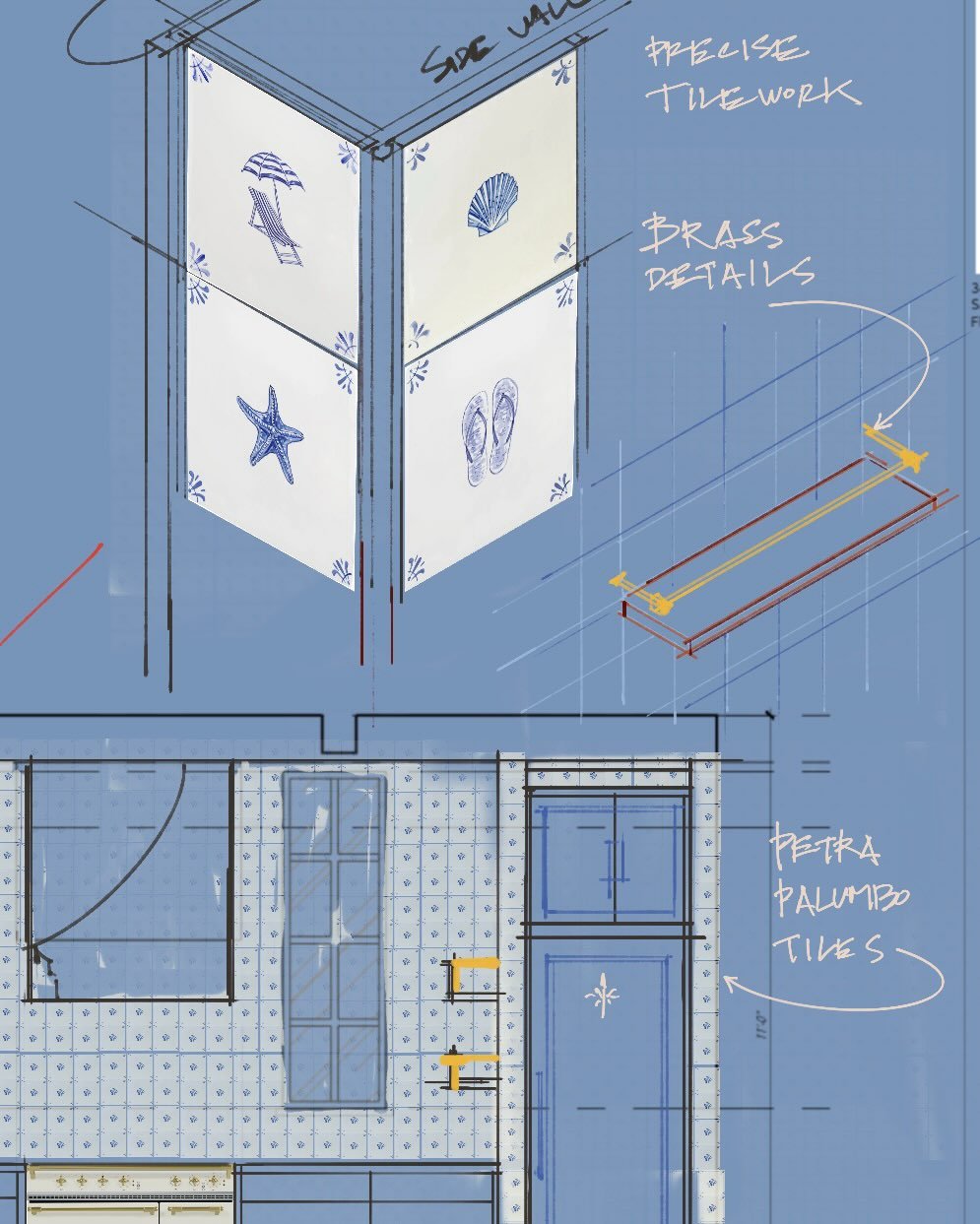 Interior Creative Development in progress -  inspired by classic vintage boat details and fishing inspired details for a client who loves boating and all types of fishing. Kitchen and Bar with rounded edges, yacht grade wood finishes, unlaqcuered bra