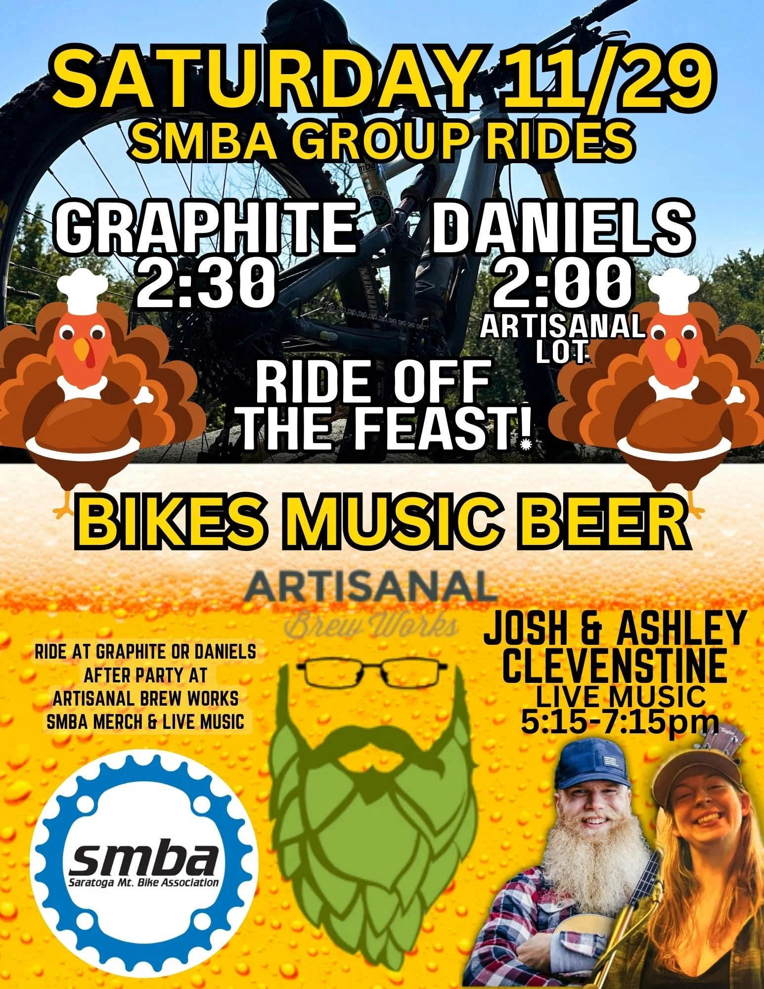 SMBA Post-Thanksgiving Group Rides + Artisanal Brew Works After Party with live music by SMBA’s own Josh &amp; Ashley Clevenstine