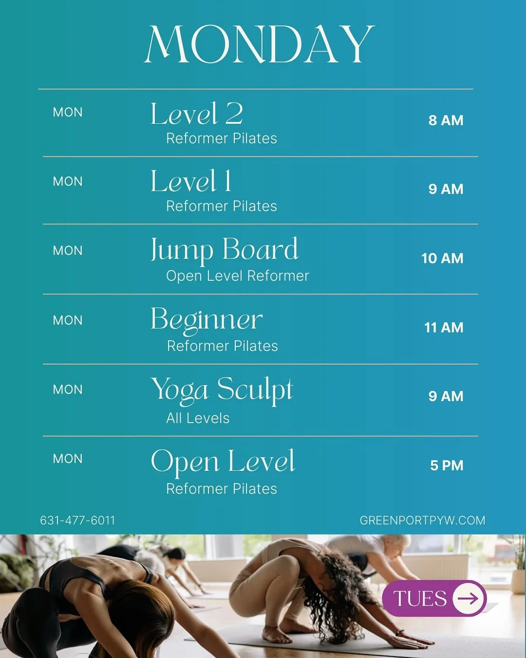 MONDAY - WEDNESDAY ⭐️ 💪 
The Late Summer Pilates schedule is here!

Keep your summer momentum going with our energizing Pilates classes in Greenport designed to boost your strength, flexibility, and overall wellness. From beginners to seasoned pract