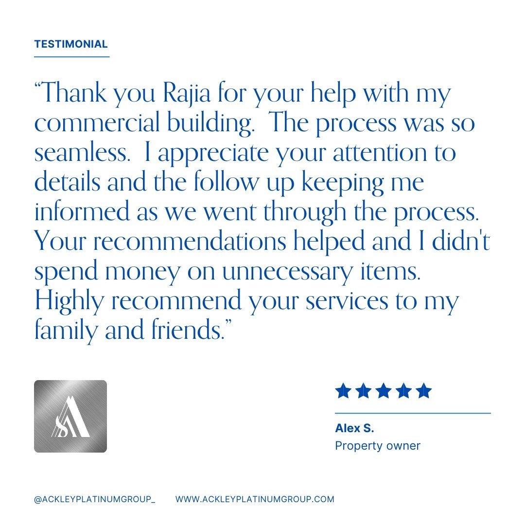 Another great experience with Ackley Platinum Group! 

Thank you for the kind words and trust. We&rsquo;re here to make the process smooth, cost-effective, and tailored to you. #Testimonial #AckleyPlatinumGroup #RealEstateExperience #commericalreales