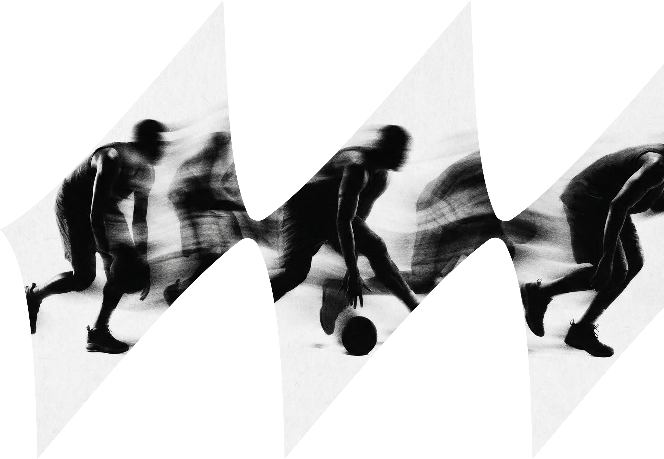 Black and white abstract photo of a man in various athletic poses, arranged sequentially, with a pixelated and distorted effect.