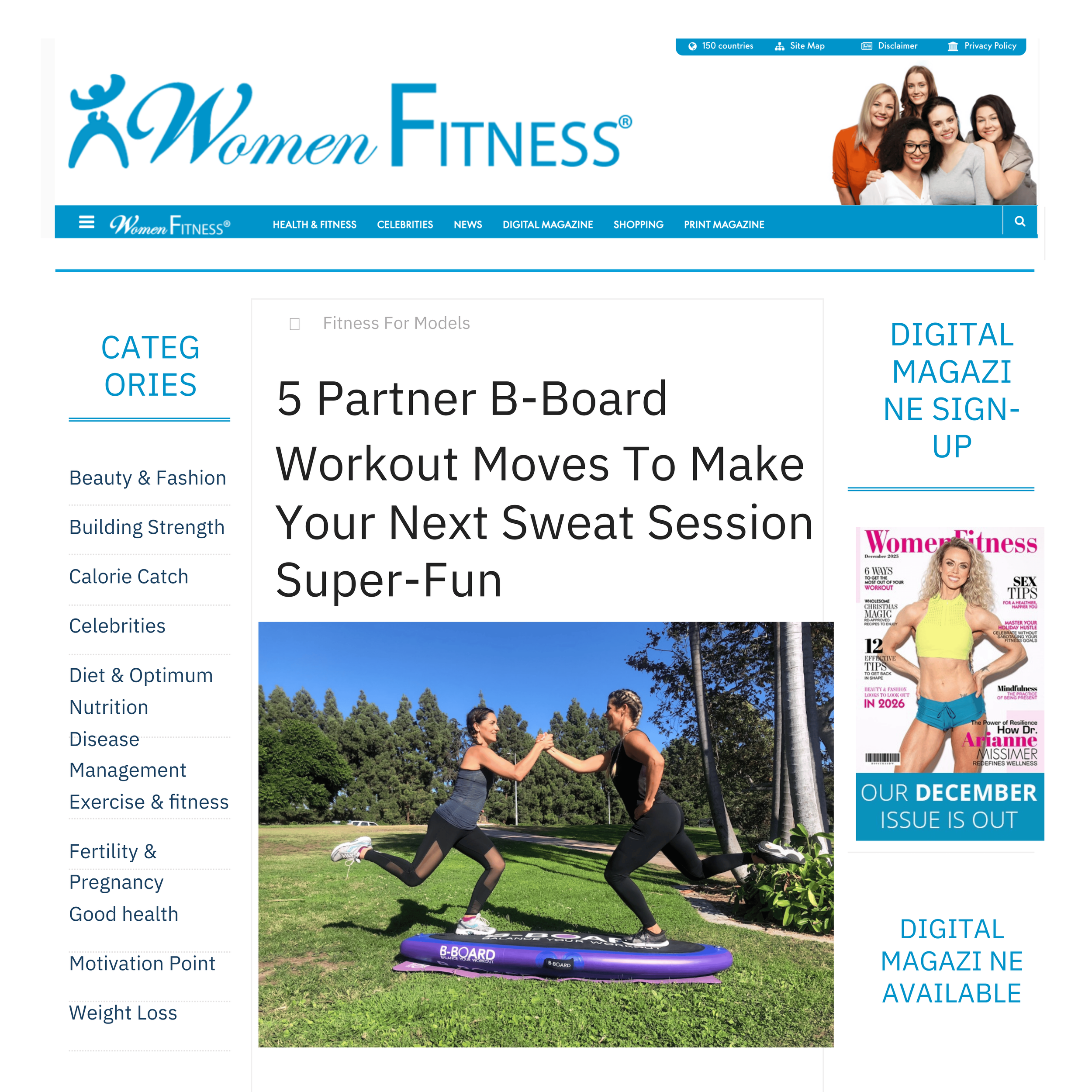 front page of Women Fitness magazine where we can see 2 young and active women performing squats on 1 leg both on the B-BOARD® in a park with blue sky and trees