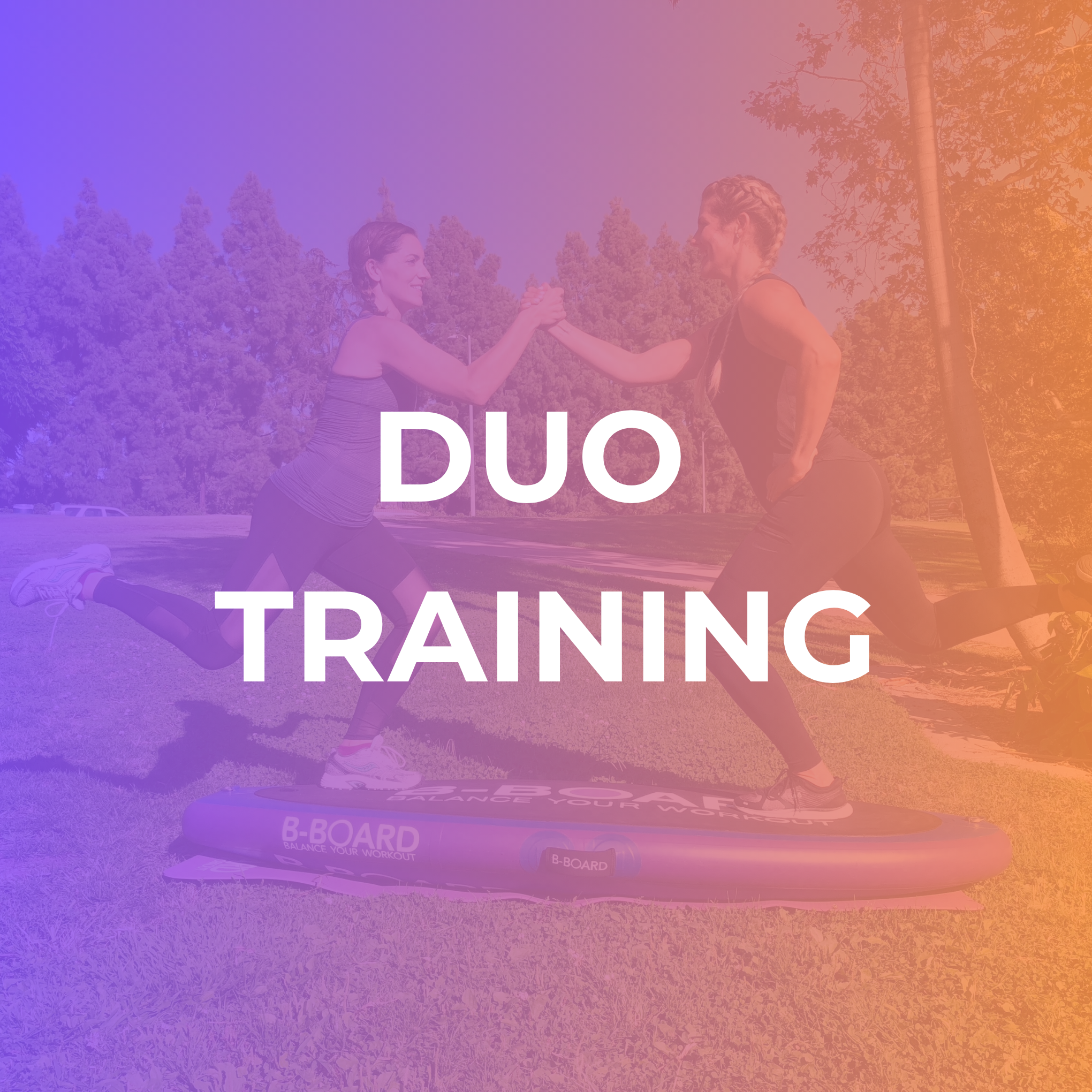 Two women shaking hands outdoors on a sunny day, with trees in the background. One woman has curly blonde hair and is wearing a black tank top, while the other has straight brown hair and is wearing a gray tank top. The image features the words 'DUO TRAINING' overlaid.