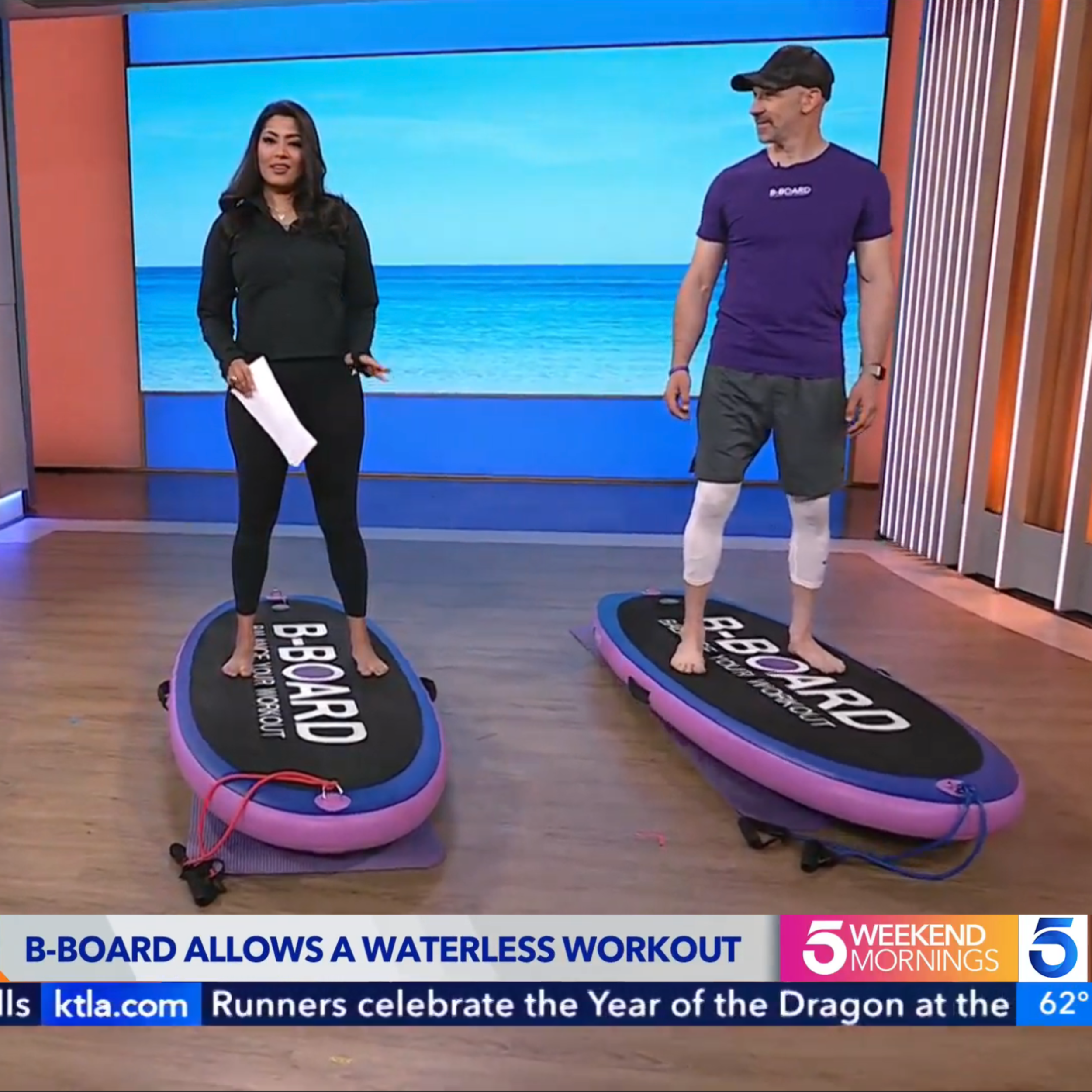 Eric Vandendriessche showcasing B-BOARD on TV at KTLA with the anchor Megan Telles with title B-BOARD allows a waterless workout 