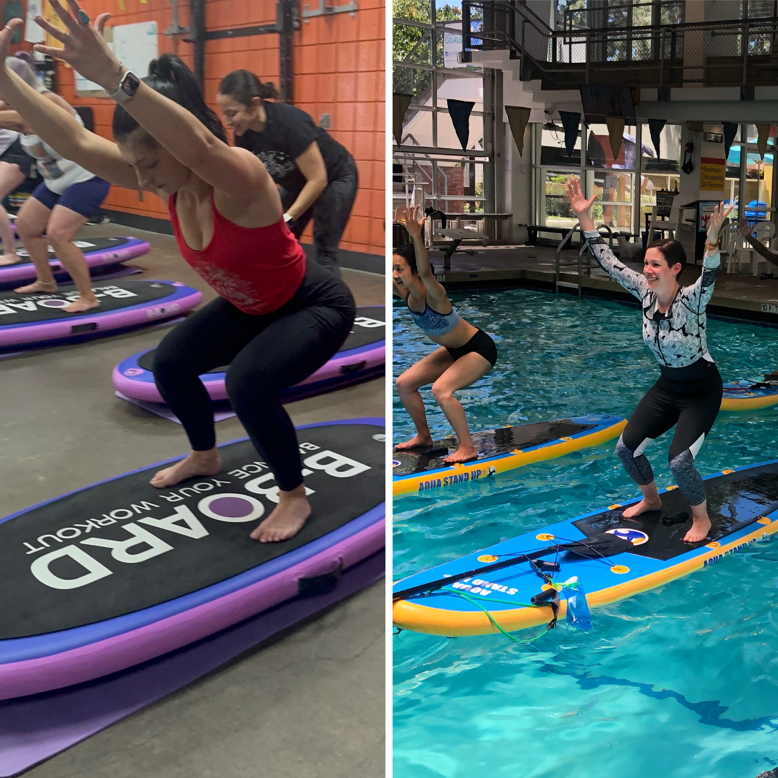 2 images with participants performing chair pose with arms extended on a B-BOARD® and other participants on AQUA STAND UP® boards in swimming pool