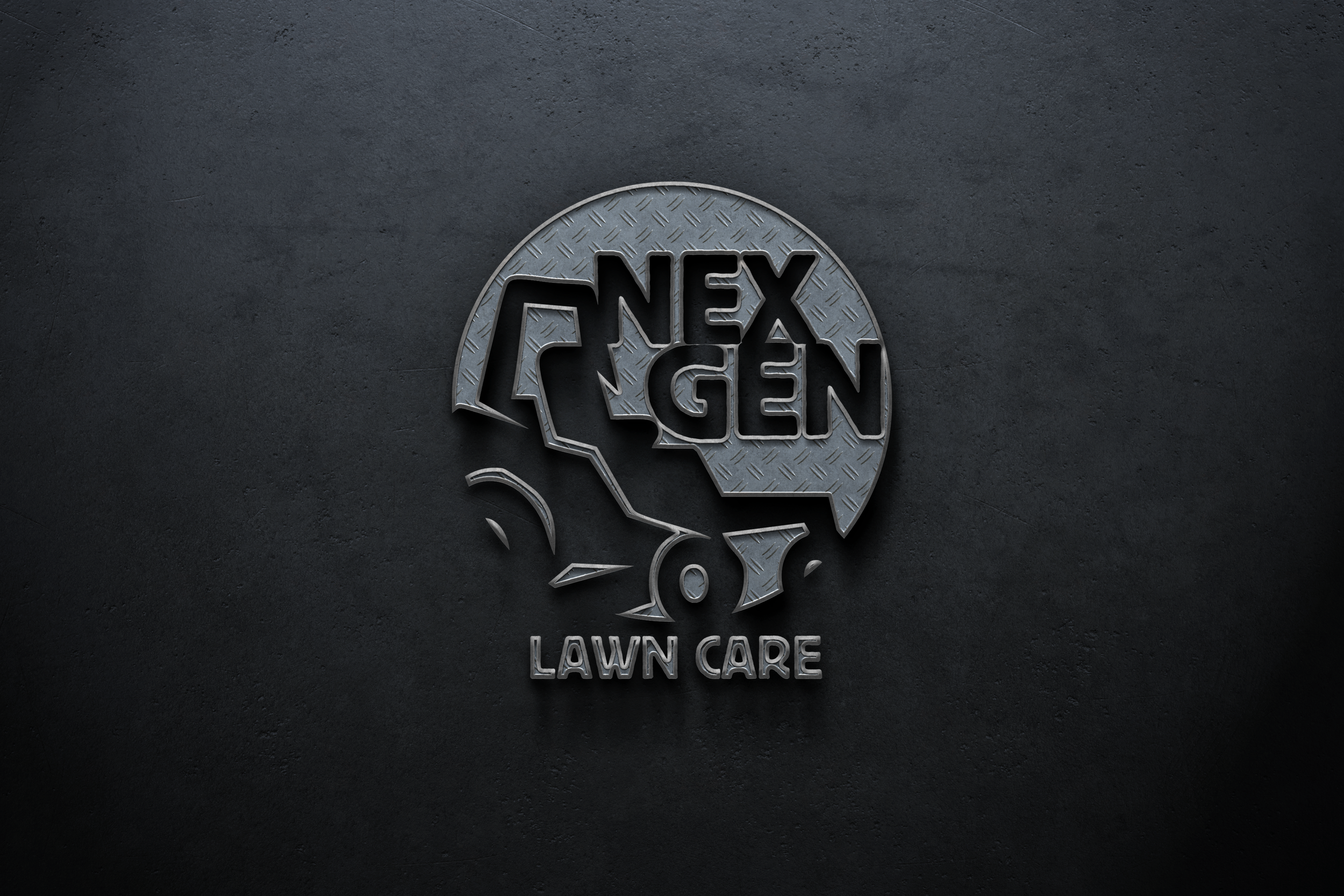 Metallic logo for 'Next Gen Lawn Care' with a stylized leaf and landscaping tools on a dark textured background.