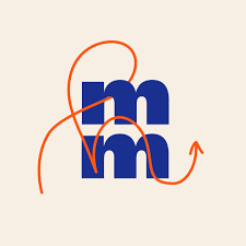Stylized blue lowercase M letters with orange curved lines and arrow on a light background.