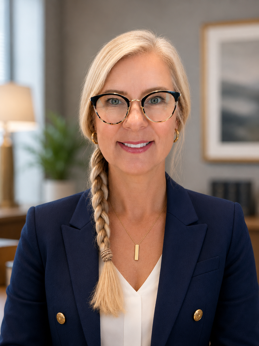 Close-up of a smiling woman wearing glasses and a blue shirt, standing against a brick wall.
