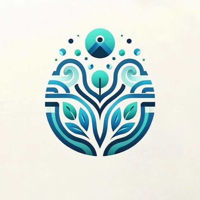 En modern, abstrakt design som kombinerar element av natur, vatten och atmosfär med blå och gröna nyanser, inklusive blad, vågor och en himlakropp.